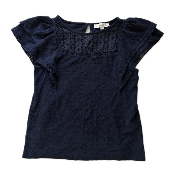 Loft Eyelet‎ Puff Shoulder Blouse Navy Blue Size L Petite - Picture 1 of 9